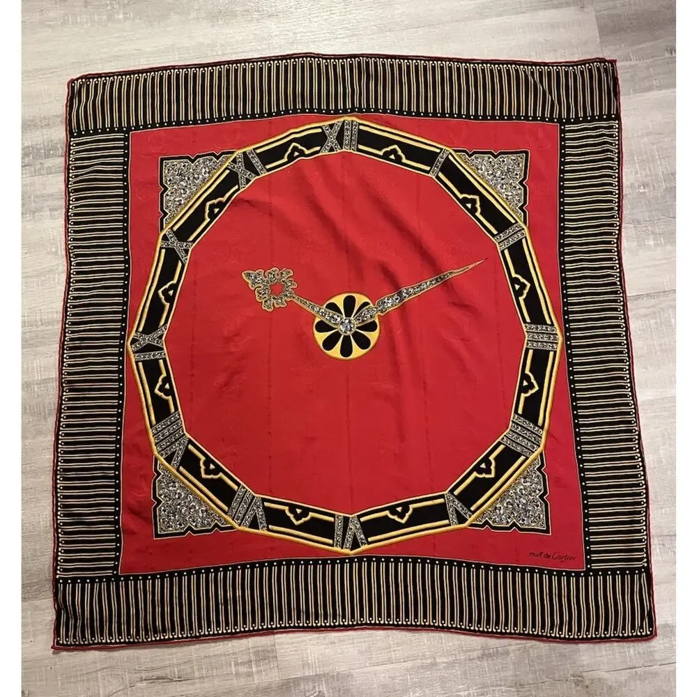 VTG Must de Cartier Paris Silk Black Red Art Deco Style Clock Scarf Luxury